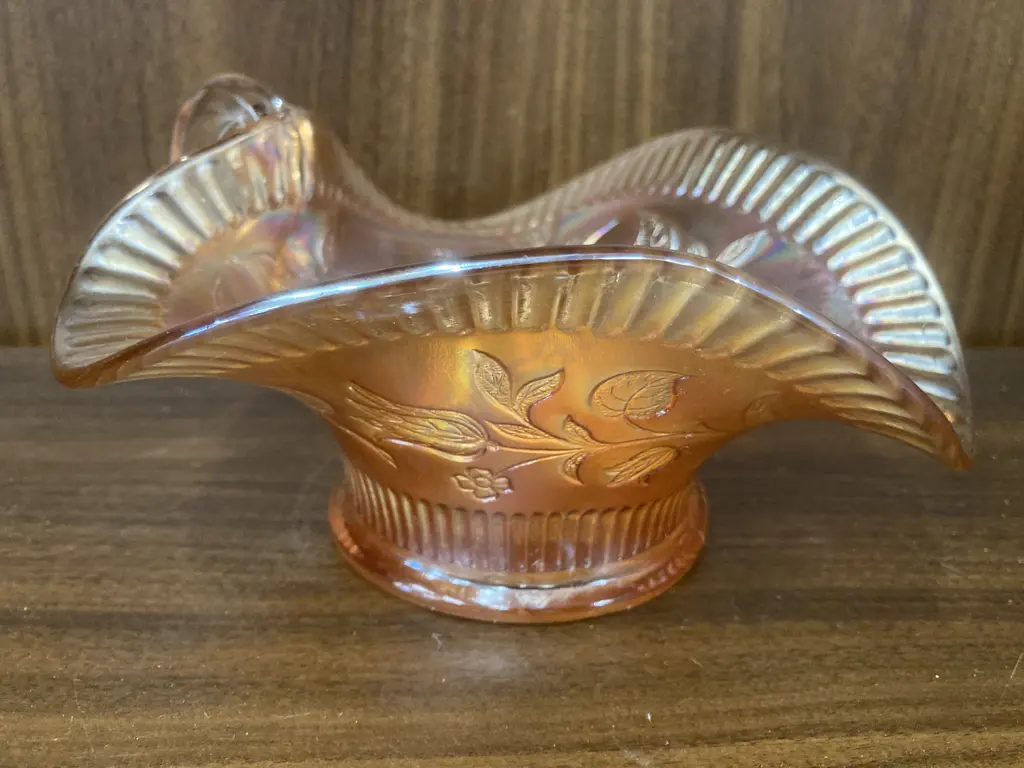 Antique Dugan Windflower Nappy Dish Marigold Carnival Glass, c1911, H9 L19cm Image 1++