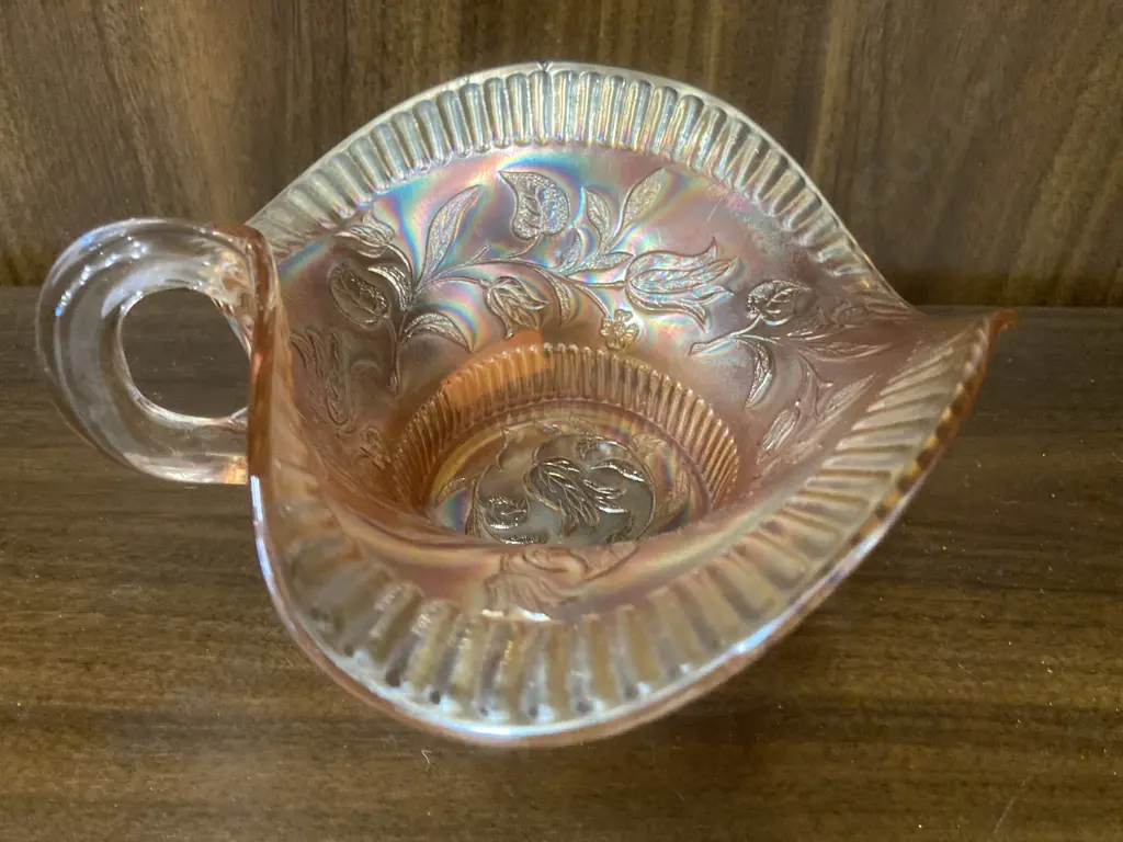 Antique Dugan Windflower Nappy Dish Marigold Carnival Glass, c1911, H9 L19cm Image 1++