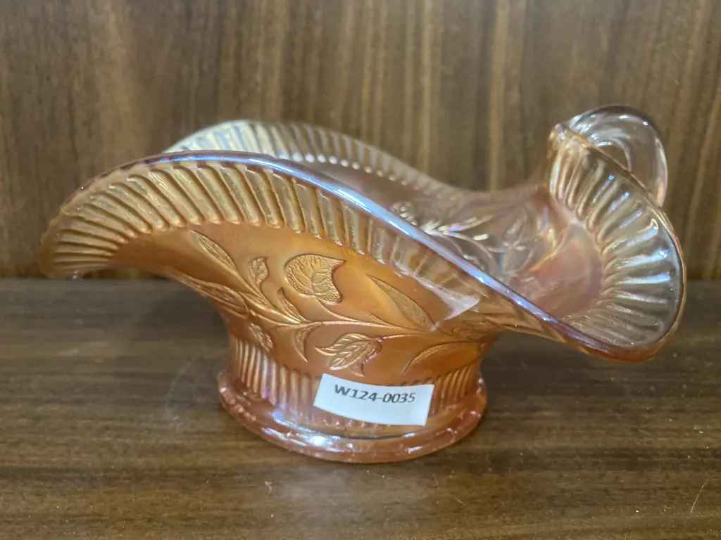 Antique Dugan Windflower Nappy Dish Marigold Carnival Glass, c1911, H9 L19cm Image 1++