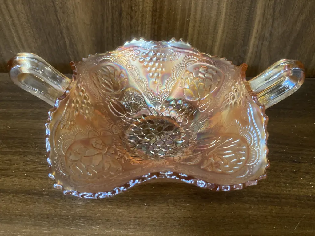 Vintage Fenton Lotus and Grape Marigold Carnival Glass Two Handled Bonbon Dish, H9cm L20cm Image 1++