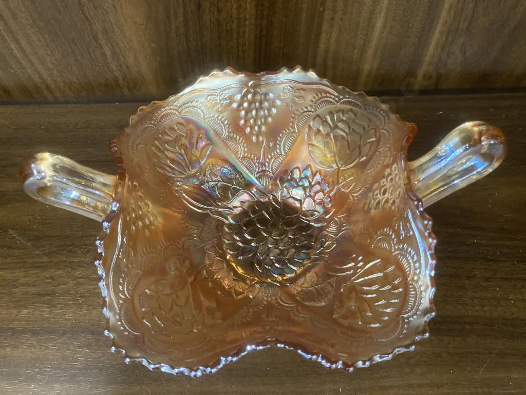 Vintage Fenton Lotus and Grape Marigold Carnival Glass Two Handled Bonbon Dish, H9cm L20cm Image 1++