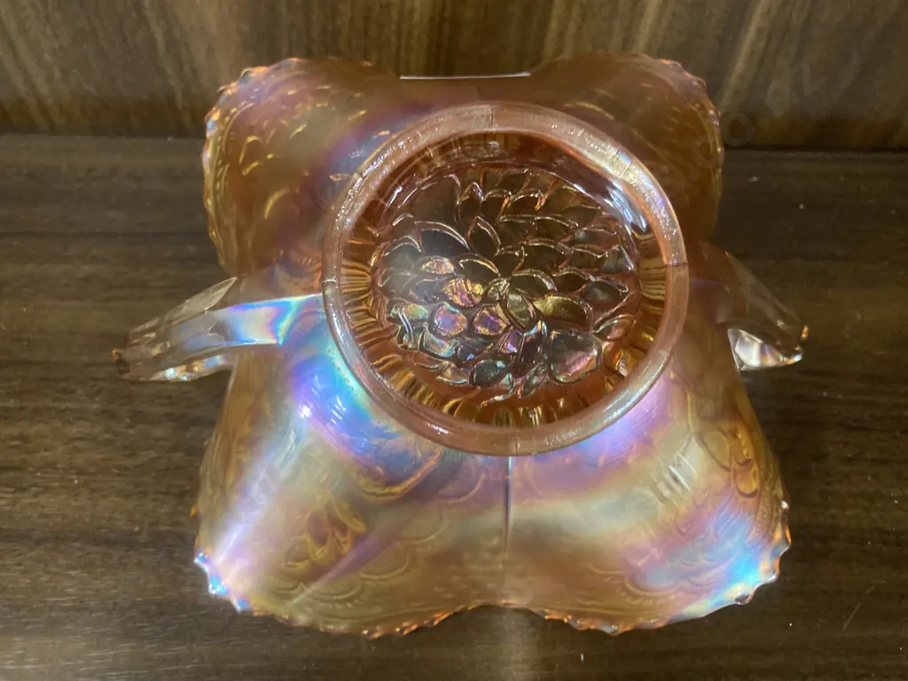 Vintage Fenton Lotus and Grape Marigold Carnival Glass Two Handled Bonbon Dish, H9cm L20cm Image 1++