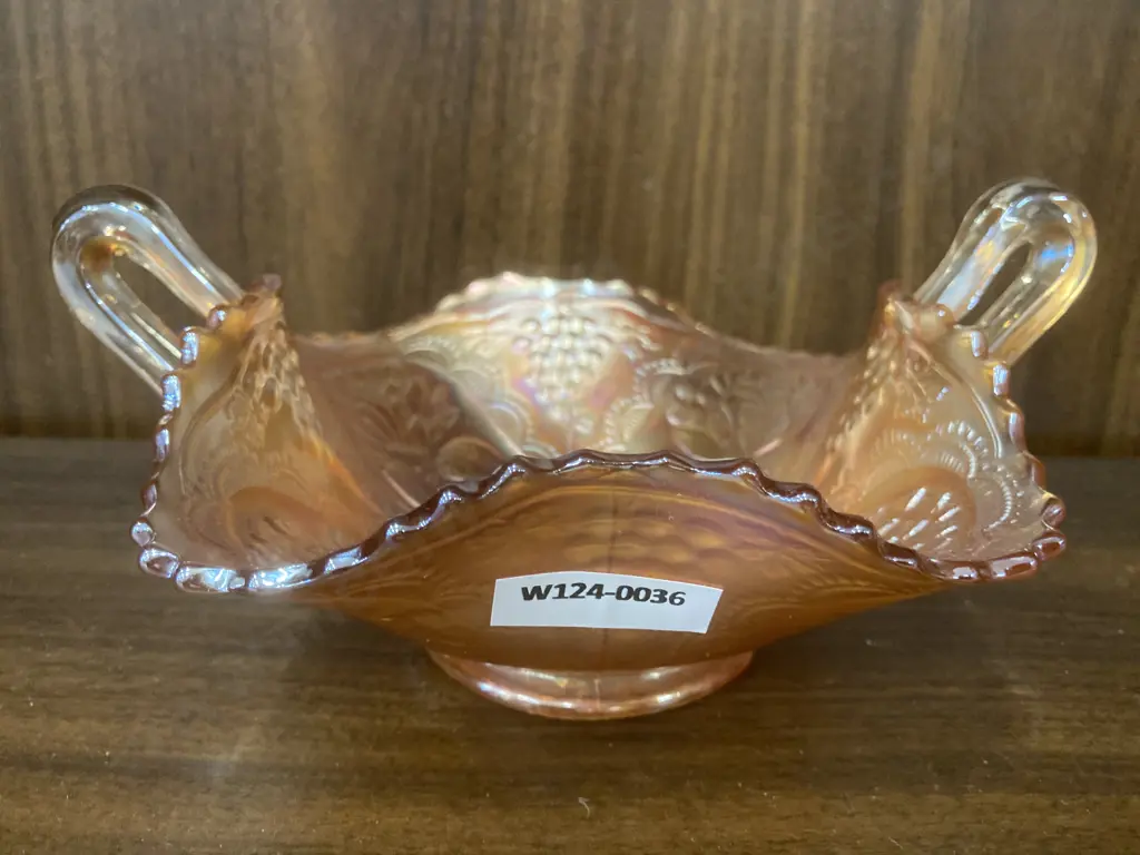 Vintage Fenton Lotus and Grape Marigold Carnival Glass Two Handled Bonbon Dish, H9cm L20cm Image 1++