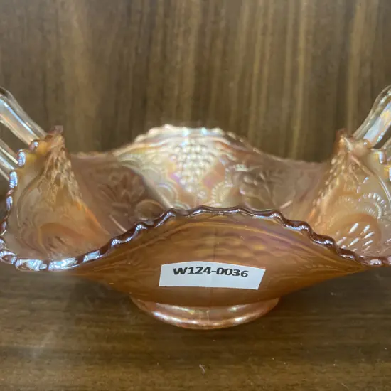 Vintage Fenton Lotus and Grape Marigold Carnival Glass Two Handled Bonbon Dish, H9cm L20cm