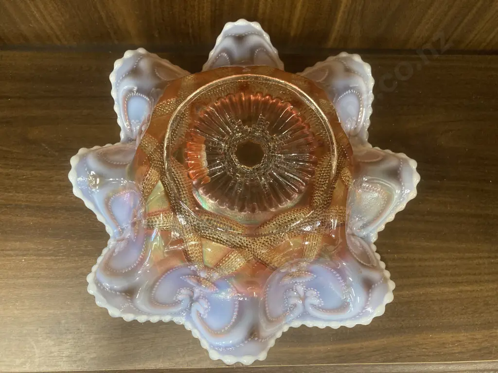 Antique Dugan Ski Star Peach Opal Carnival Glass Large Ruffled Bowl, H9 Dia27cm Image 1++