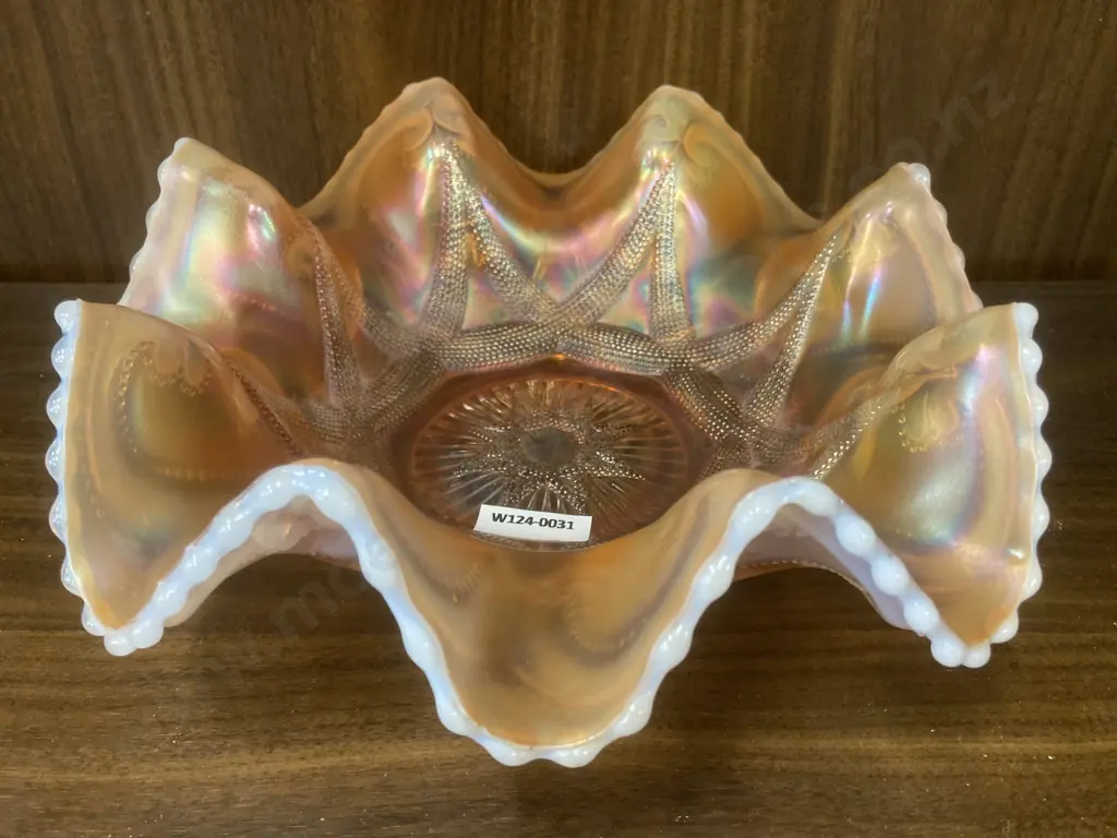 Antique Dugan Ski Star Peach Opal Carnival Glass Large Ruffled Bowl, H9 Dia27cm Image 1++
