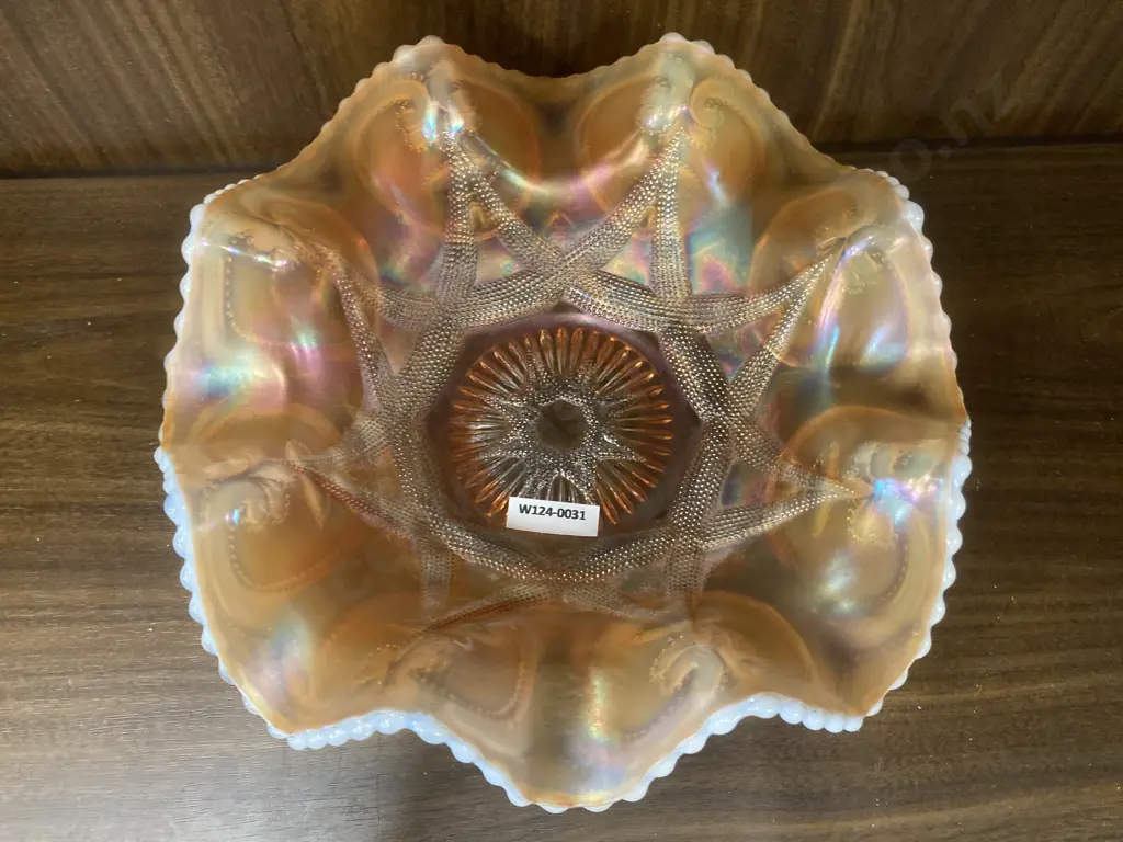 Antique Dugan Ski Star Peach Opal Carnival Glass Large Ruffled Bowl, H9 Dia27cm Image 1++