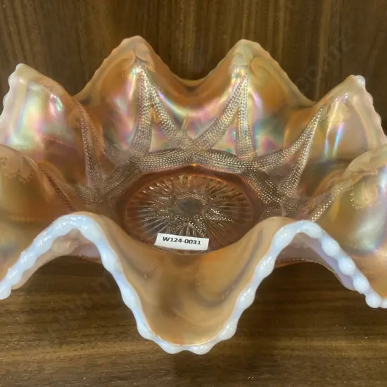 Antique Dugan Ski Star Peach Opal Carnival Glass Large Ruffled Bowl, H9 Dia27cm