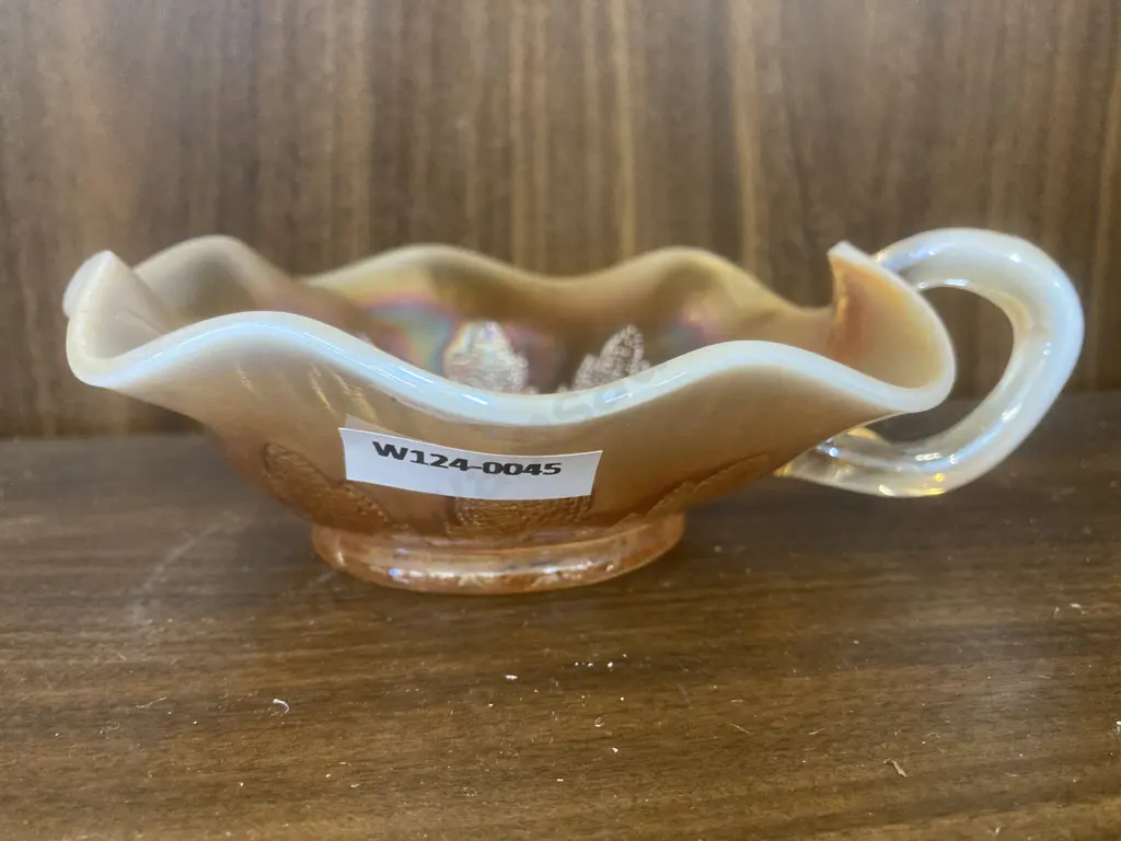 Antique Dugan Peach Opalescence Carnival Glass Leaf Rays Nappy, c1910 Image 1++