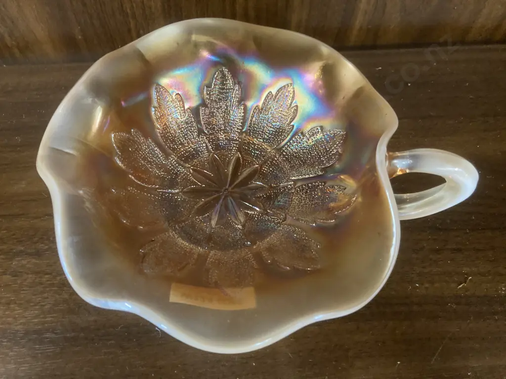 Antique Dugan Peach Opalescence Carnival Glass Leaf Rays Nappy, c1910 Image 1++