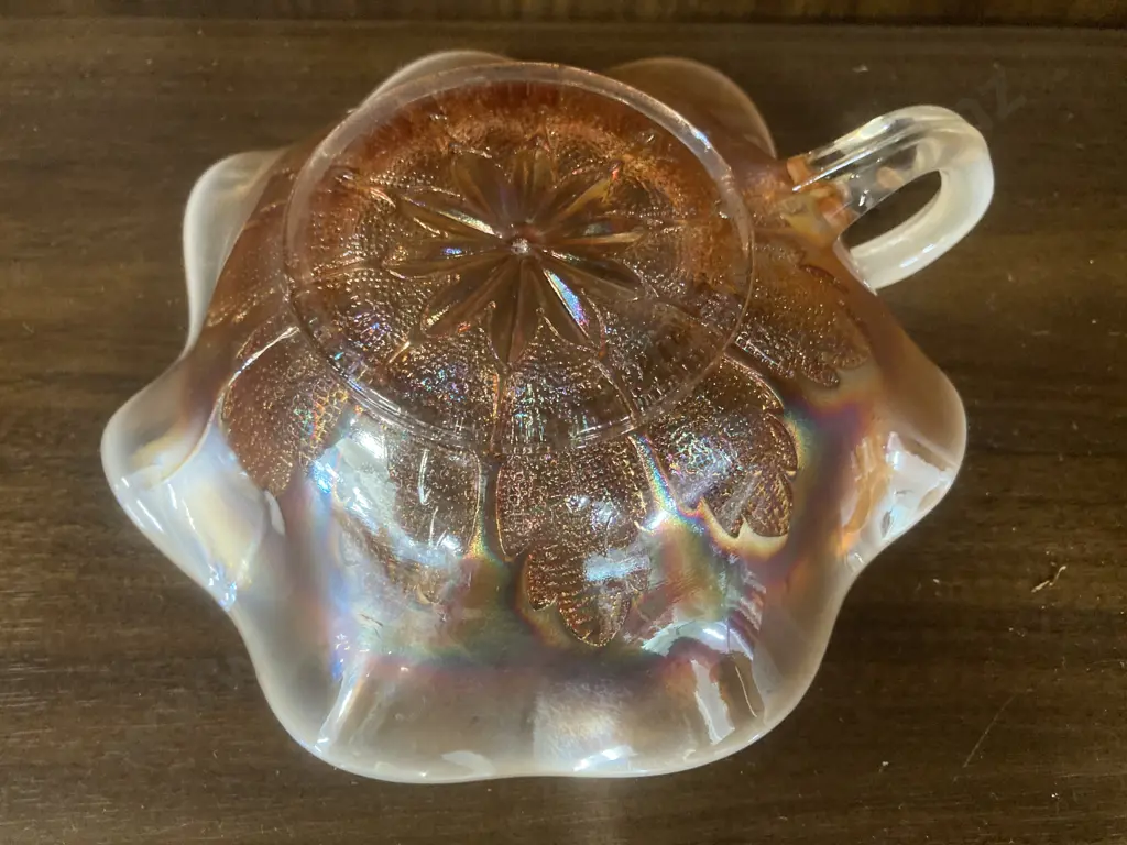 Antique Dugan Peach Opalescence Carnival Glass Leaf Rays Nappy, c1910 Image 1++