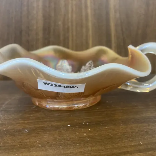 Antique Dugan Peach Opalescence Carnival Glass Leaf Rays Nappy, c1910
