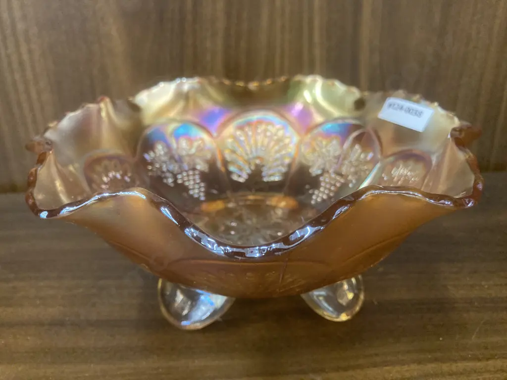 Antique Fenton Marigold Carnival Glass Peacock & Grapes 3 Tab Footed Ruffled Rim Bowl, H9 Dia20cm Image 1++