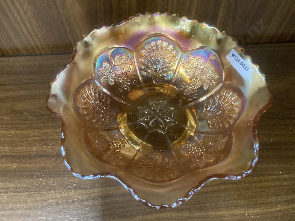 Antique Fenton Marigold Carnival Glass Peacock & Grapes 3 Tab Footed Ruffled Rim Bowl, H9 Dia20cm Image 1++