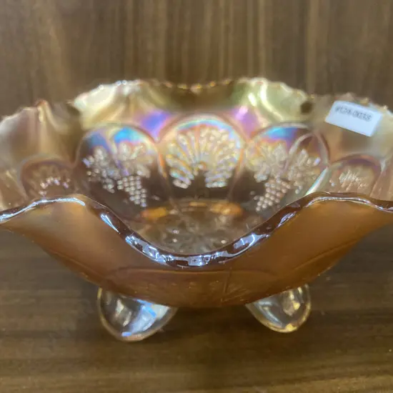 Antique Fenton Marigold Carnival Glass Peacock & Grapes 3 Tab Footed Ruffled Rim Bowl, H9 Dia20cm