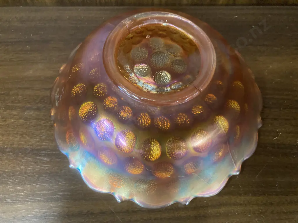 Vintage Fenton Coin Dot Marigold Carnival Glass Bracket Edge Bowl, Dia17cm Image 1++