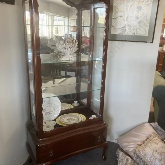 Mahogany Dome Top China Display Cabinet, Mirrored Back, 3 Adjustable Glass Shelves, Cabriole Legs,