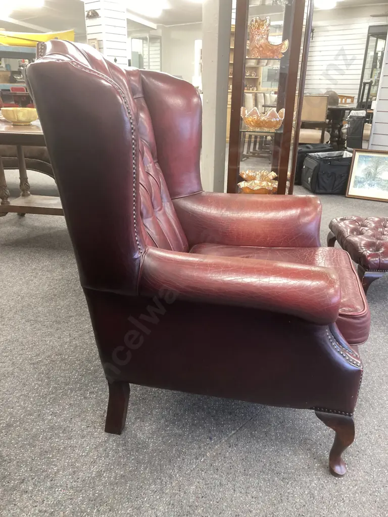 Leather Chesterfield Wingback Armchair With Traditional Queen Anne Footstool, Burgundy Button Backed, Domed, W85cm Image 1++