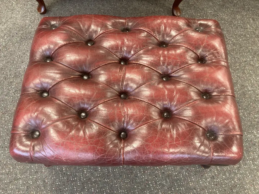 Leather Chesterfield Wingback Armchair With Traditional Queen Anne Footstool, Burgundy Button Backed, Domed, W85cm Image 1++