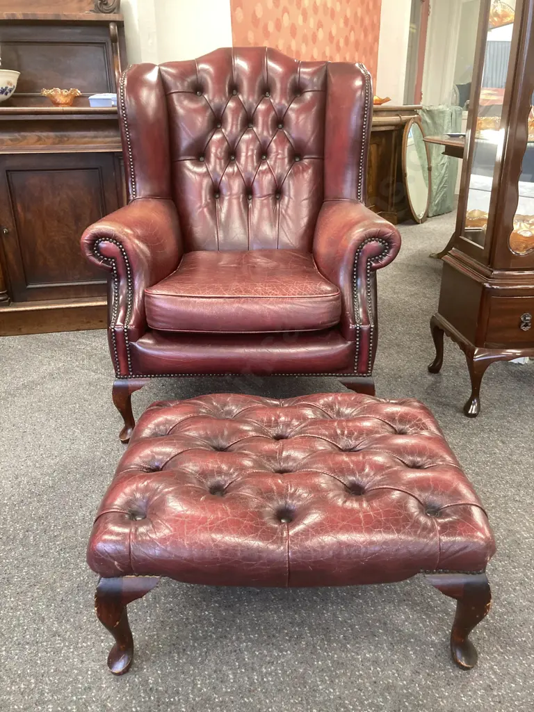 Leather Chesterfield Wingback Armchair With Traditional Queen Anne Footstool, Burgundy Button Backed, Domed, W85cm Image 1++