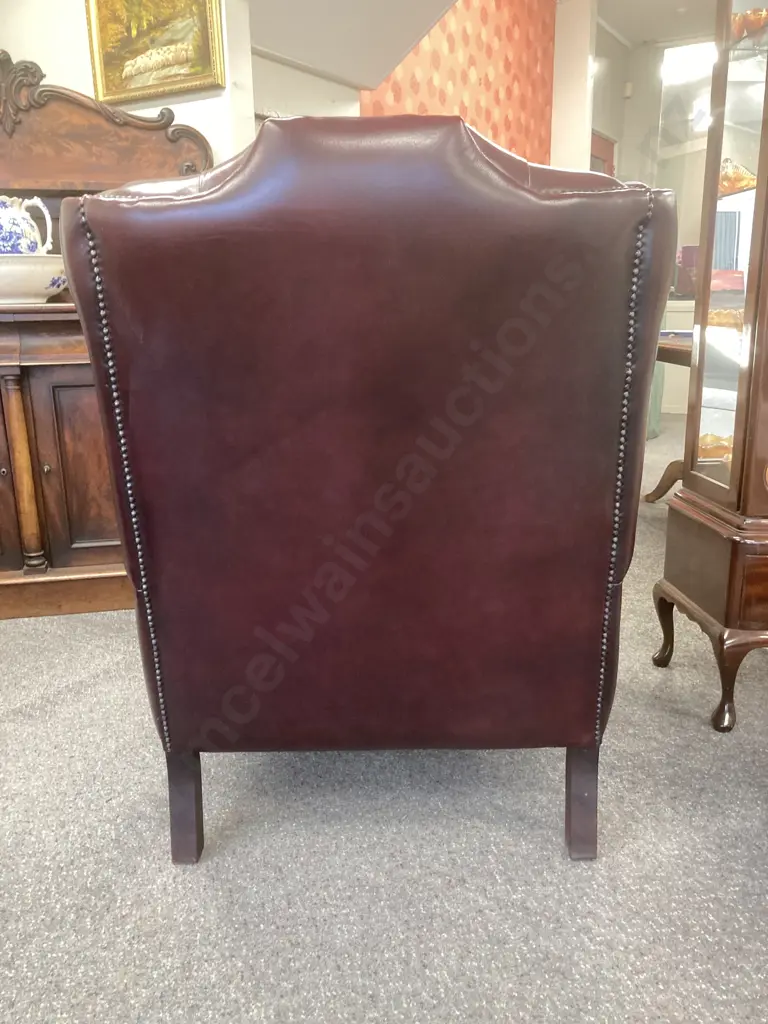 Leather Chesterfield Wingback Armchair With Traditional Queen Anne Footstool, Burgundy Button Backed, Domed, W85cm Image 1++