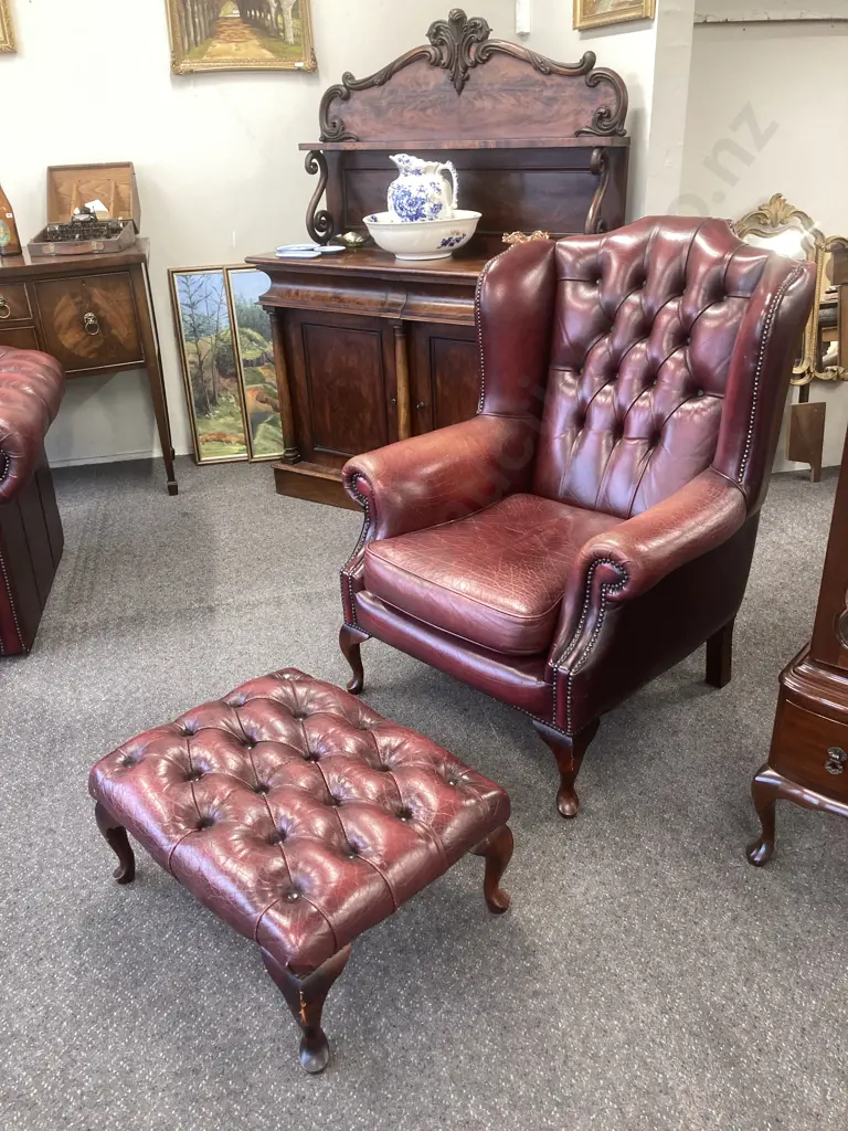 Leather Chesterfield Wingback Armchair With Traditional Queen Anne Footstool, Burgundy Button Backed, Domed, W85cm Image 1++