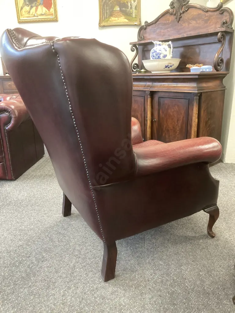 Leather Chesterfield Wingback Armchair With Traditional Queen Anne Footstool, Burgundy Button Backed, Domed, W85cm Image 1++