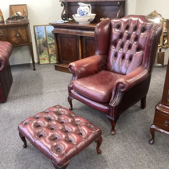 Leather Chesterfield Wingback Armchair With Traditional Queen Anne Footstool, Burgundy Button Backed, Domed, W85cm
