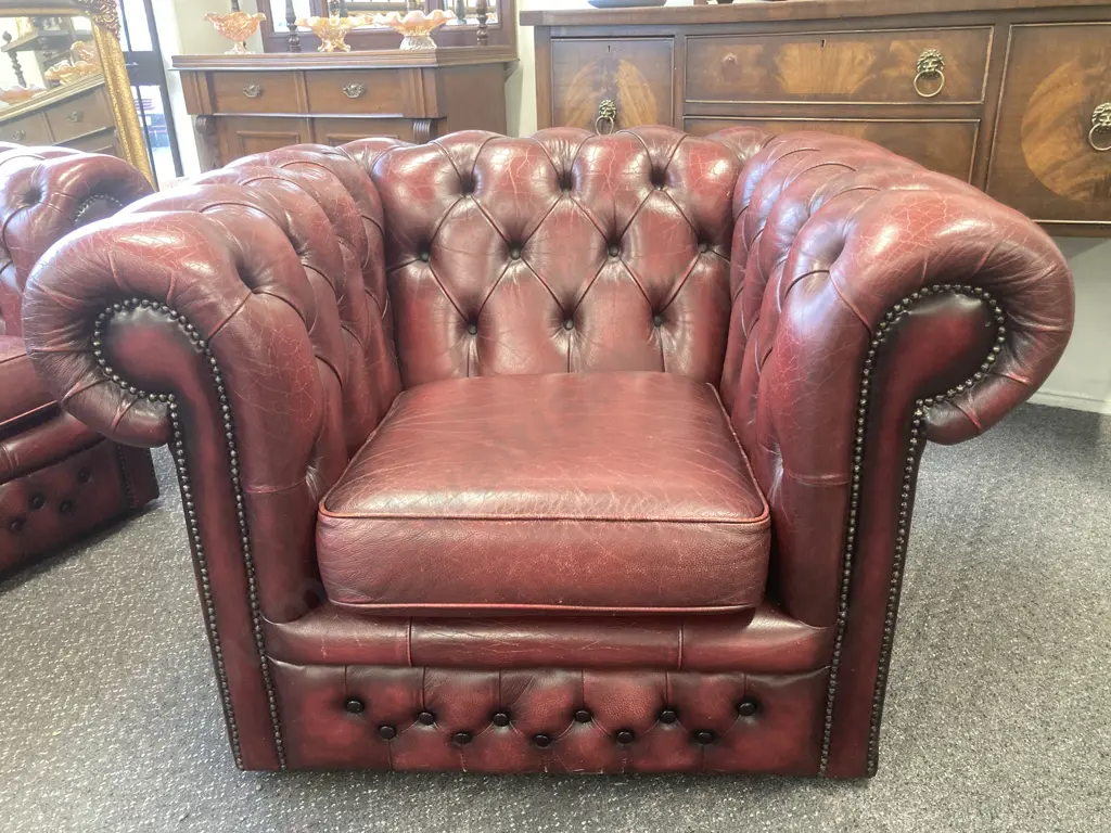 Leather Chesterfield Club Chair, Burgundy Button Backed, Domed, W100cm Image 1++