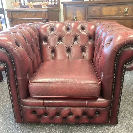 Leather Chesterfield Club Chair, Burgundy Button Backed, Domed, W100cm
