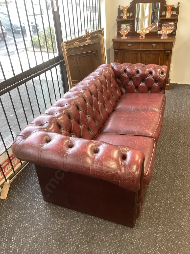 Leather Chesterfield Three Seater Sofa, Burgundy Button Backed, Domed, W200cm Image 1++