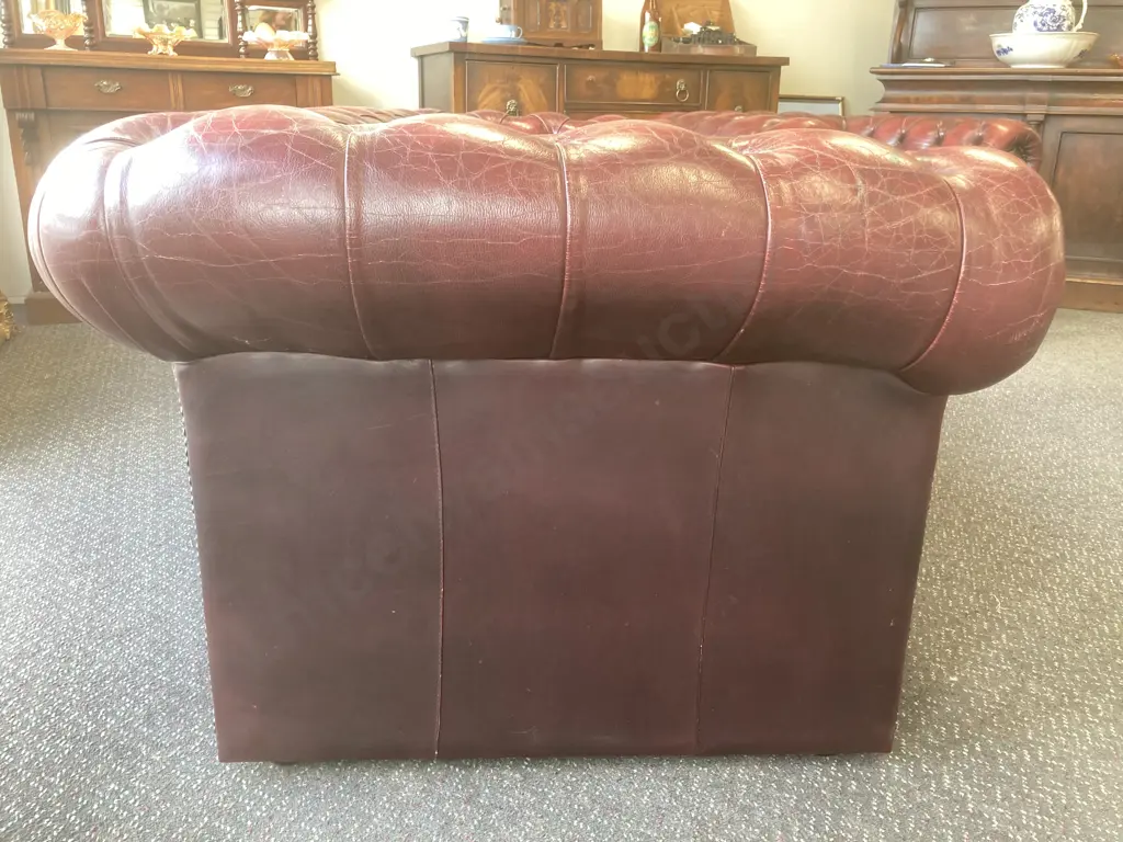 Leather Chesterfield Three Seater Sofa, Burgundy Button Backed, Domed, W200cm Image 1++