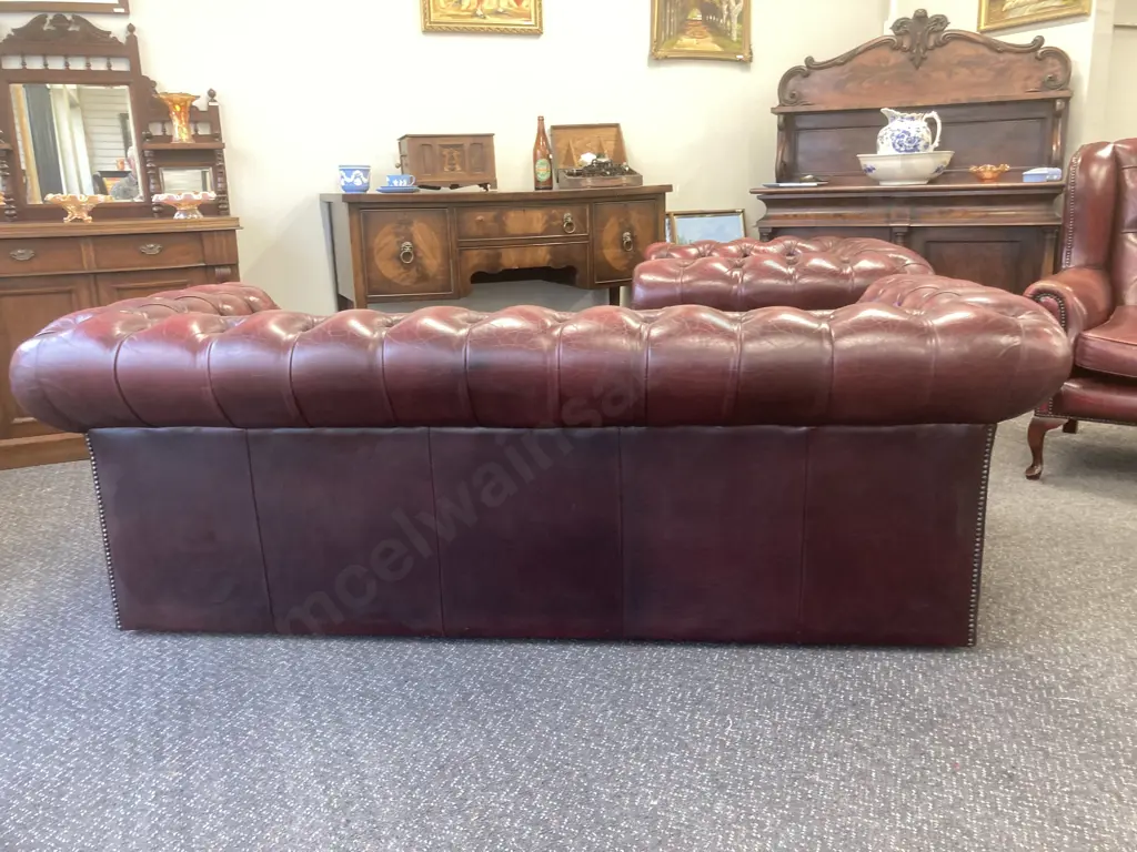 Leather Chesterfield Three Seater Sofa, Burgundy Button Backed, Domed, W200cm Image 1++