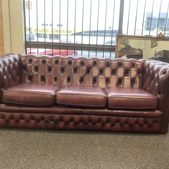 Leather Chesterfield Three Seater Sofa, Burgundy Button Backed, Domed, W200cm