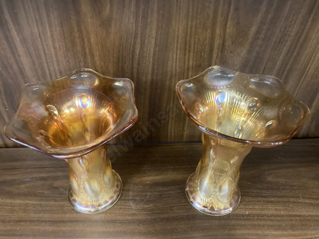 Pair of Vintage Imperial Beaded Bullseye Vase Carnival Glass Marigold, H17 Dia16.5cm Image 1++