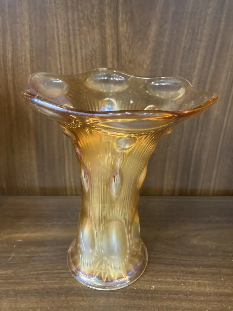 Pair of Vintage Imperial Beaded Bullseye Vase Carnival Glass Marigold, H17 Dia16.5cm Image 1++