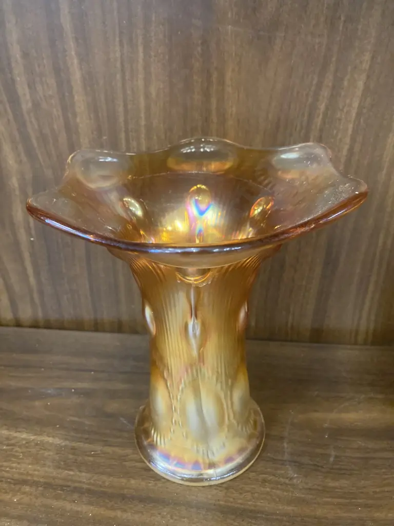 Pair of Vintage Imperial Beaded Bullseye Vase Carnival Glass Marigold, H17 Dia16.5cm Image 1++