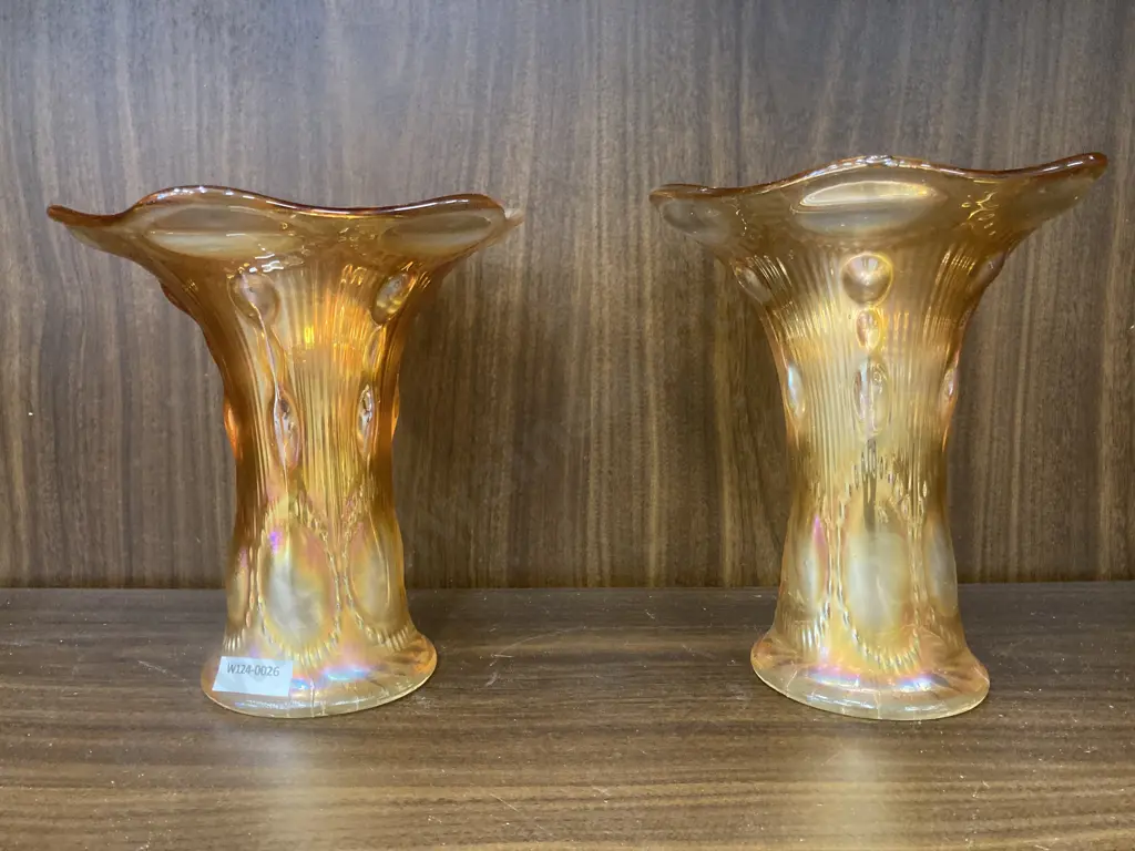 Pair of Vintage Imperial Beaded Bullseye Vase Carnival Glass Marigold, H17 Dia16.5cm Image 1++