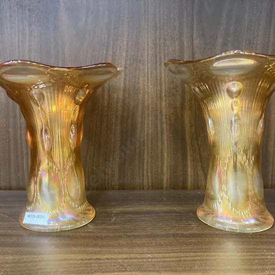 Pair of Vintage Imperial Beaded Bullseye Vase Carnival Glass Marigold, H17 Dia16.5cm