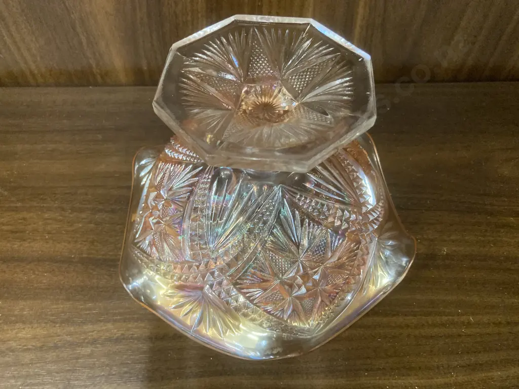 Antique Imperial Large Scroll Embossed Marigold Carnival Glass Compote, Eastern Star Pattern On Exterior, Octagon Foot Image 1++
