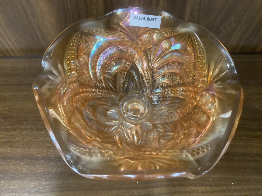 Antique Imperial Large Scroll Embossed Marigold Carnival Glass Compote, Eastern Star Pattern On Exterior, Octagon Foot Image 1++