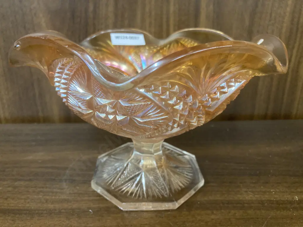 Antique Imperial Large Scroll Embossed Marigold Carnival Glass Compote, Eastern Star Pattern On Exterior, Octagon Foot Image 1++