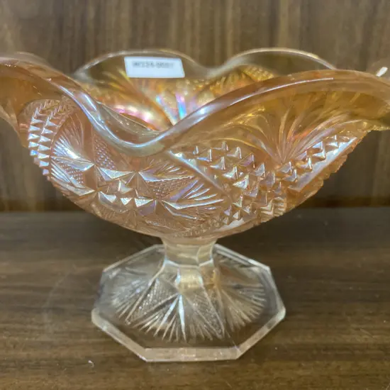 Antique Imperial Large Scroll Embossed Marigold Carnival Glass Compote, Eastern Star Pattern On Exterior, Octagon Foot