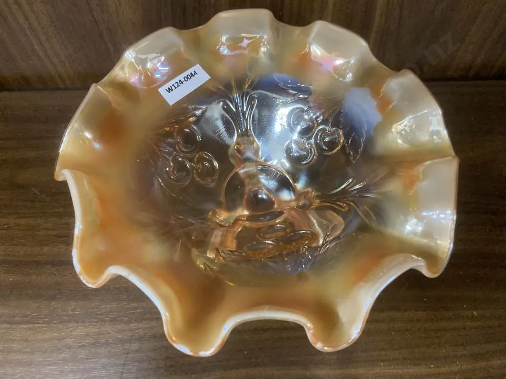 Antique Dugan Wreathed Cherry Peach & Opal Carnival Glass Three Footed Ruffled Bowl, H9 Dia21cm Image 1++