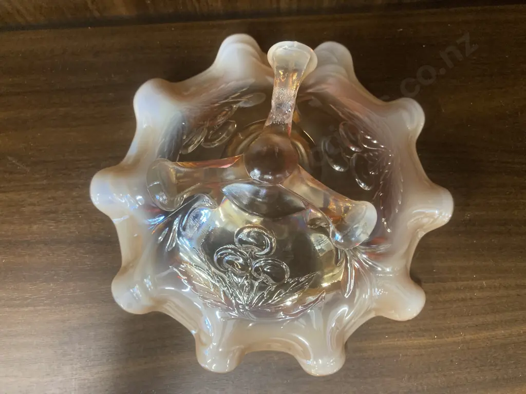 Antique Dugan Wreathed Cherry Peach & Opal Carnival Glass Three Footed Ruffled Bowl, H9 Dia21cm Image 1++