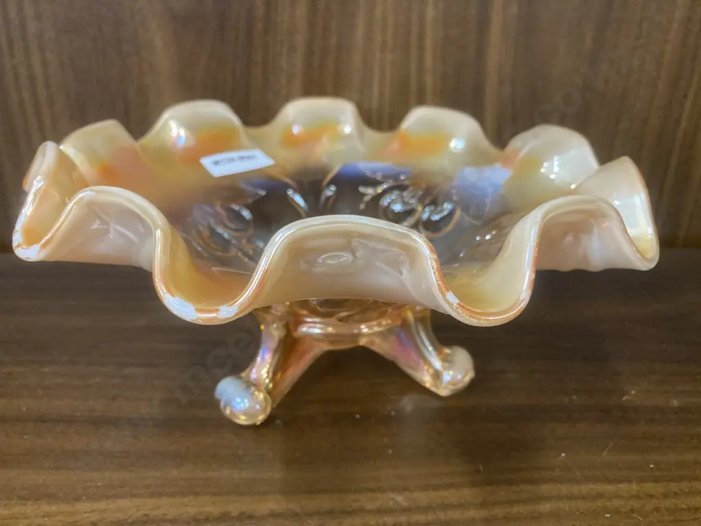 Antique Dugan Wreathed Cherry Peach & Opal Carnival Glass Three Footed Ruffled Bowl, H9 Dia21cm Image 1++