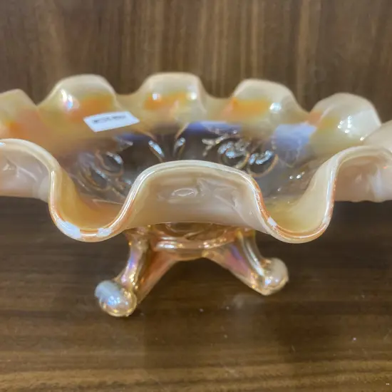 Antique Dugan Wreathed Cherry Peach & Opal Carnival Glass Three Footed Ruffled Bowl, H9 Dia21cm