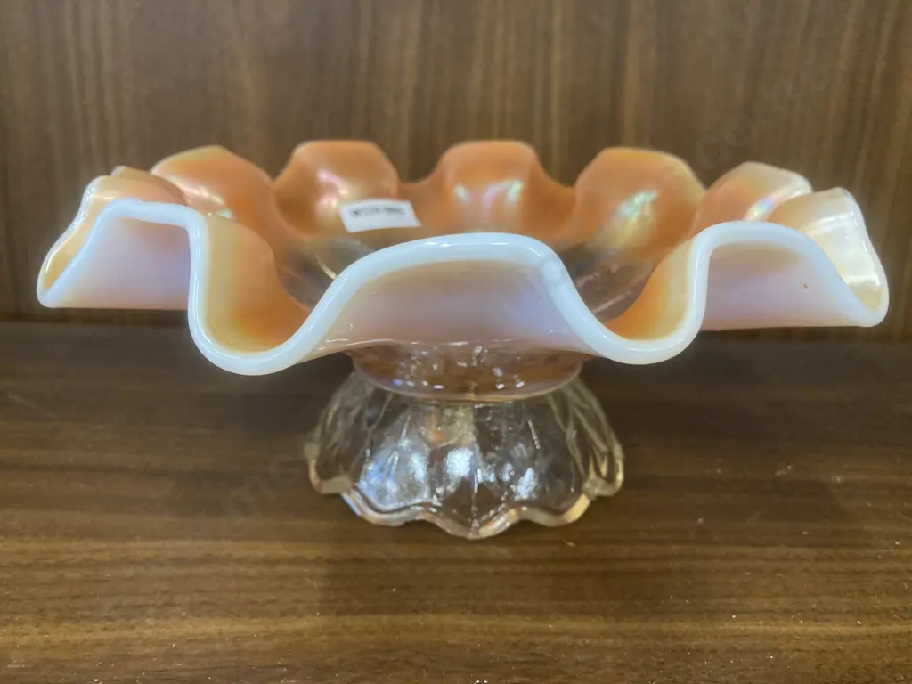 Antique Peach Opalescence Carnival Glass Square Ruffled Pedestal Bowl, H9 Dia23cm Image 1++