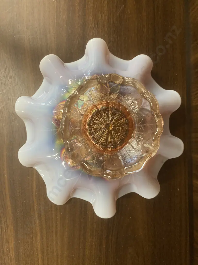 Antique Peach Opalescence Carnival Glass Square Ruffled Pedestal Bowl, H9 Dia23cm Image 1++