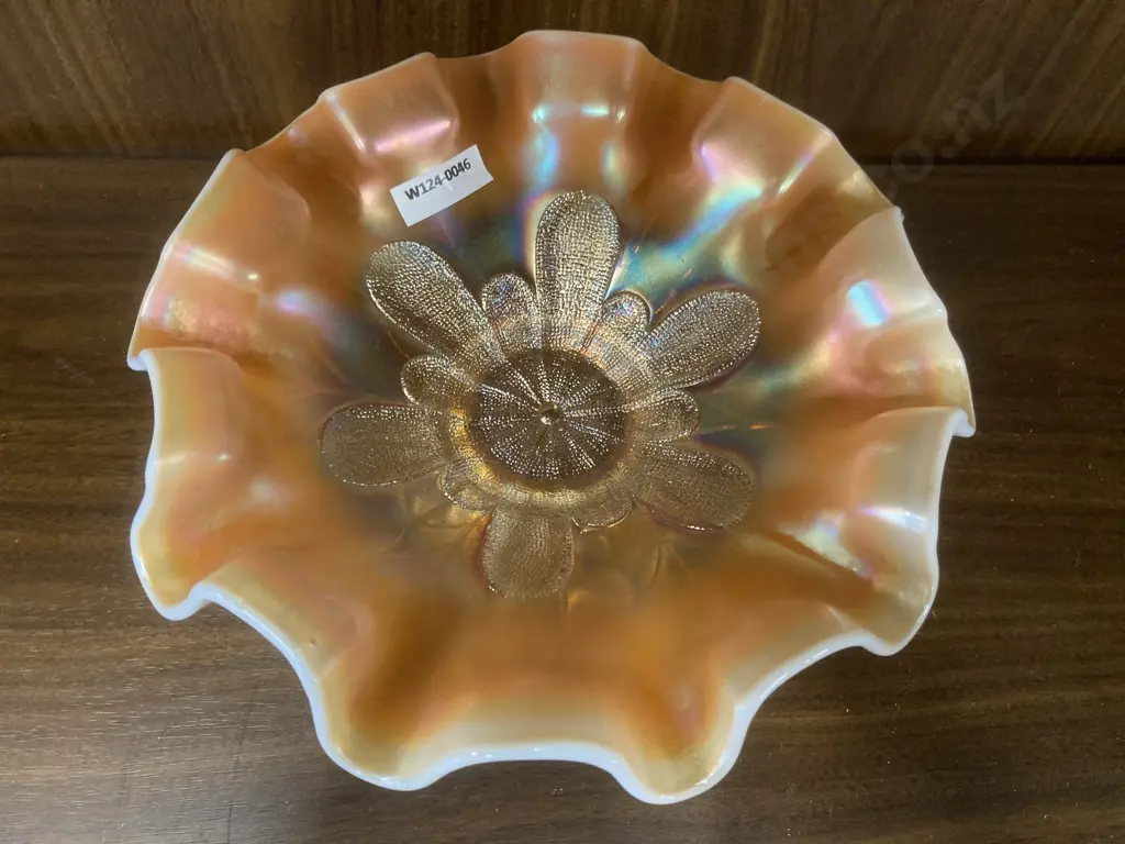 Antique Peach Opalescence Carnival Glass Square Ruffled Pedestal Bowl, H9 Dia23cm Image 1++